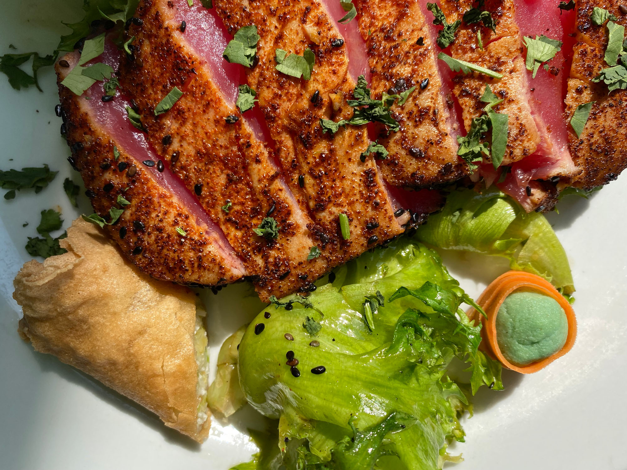 Ahi tuna, TrueHarvest crispy leaf lettuce, and a spring roll on a white plate.